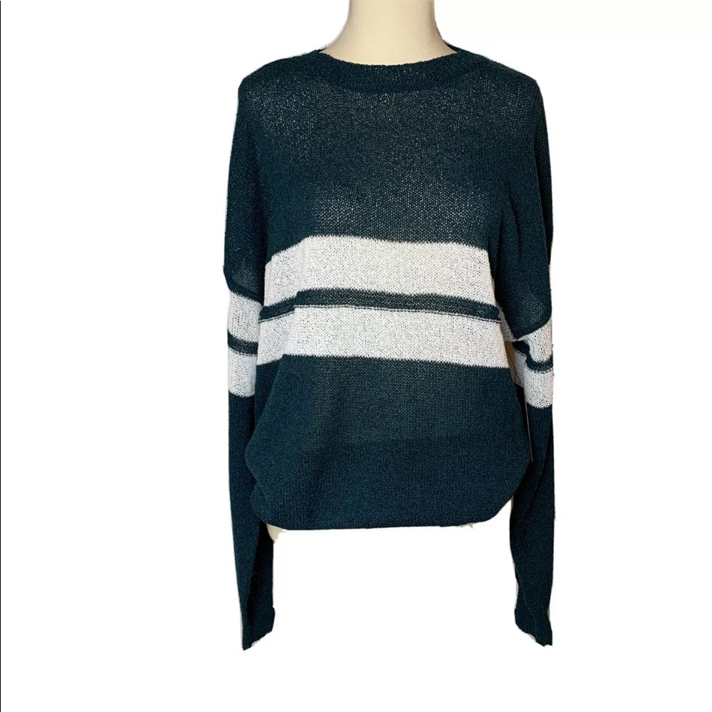 DOE & RAE Lightweight Open Knit Sweater Dark Green White Stripe Size M NWT